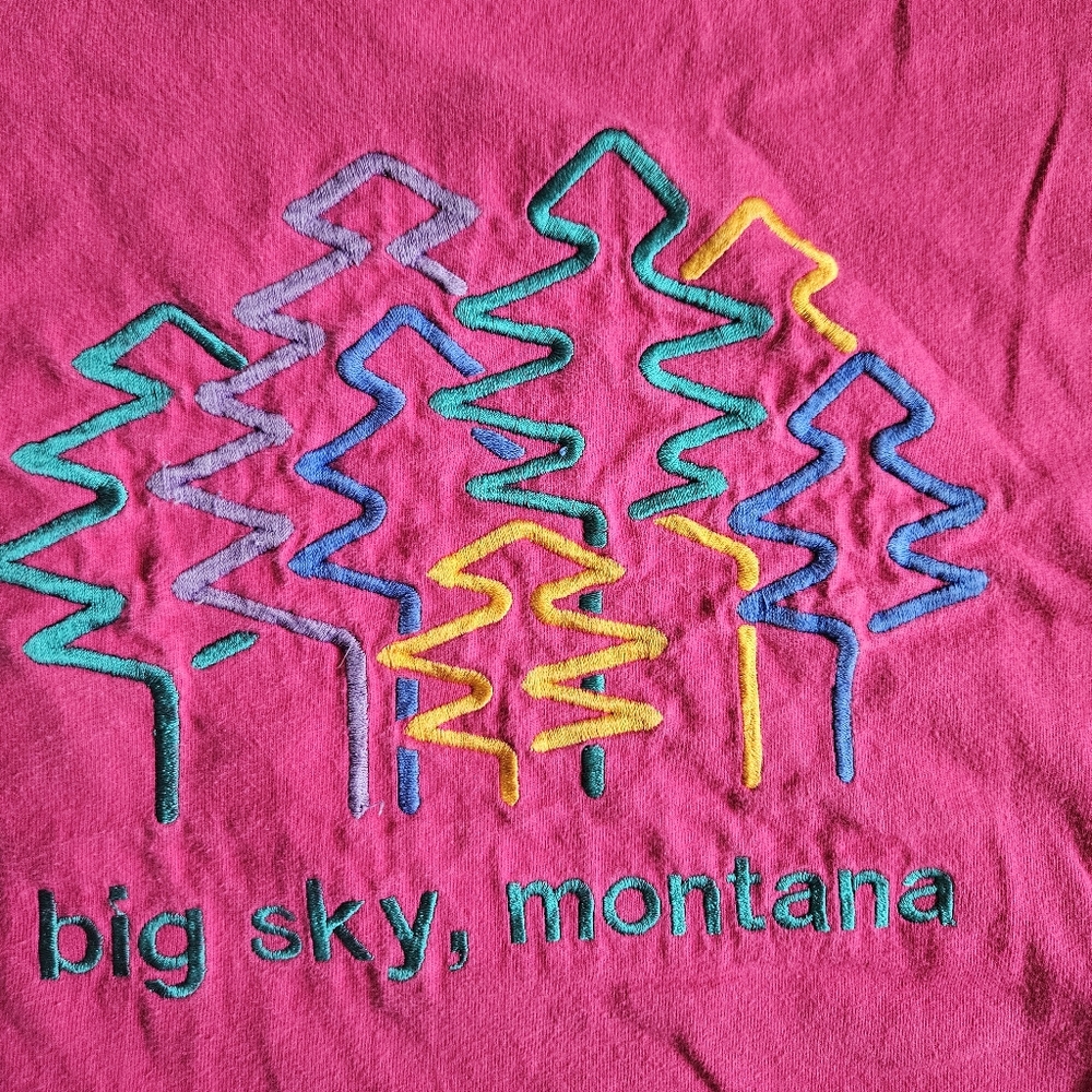 Vintage 90s Big Sky‎ Montana Embroidered Pink Tee Size Large